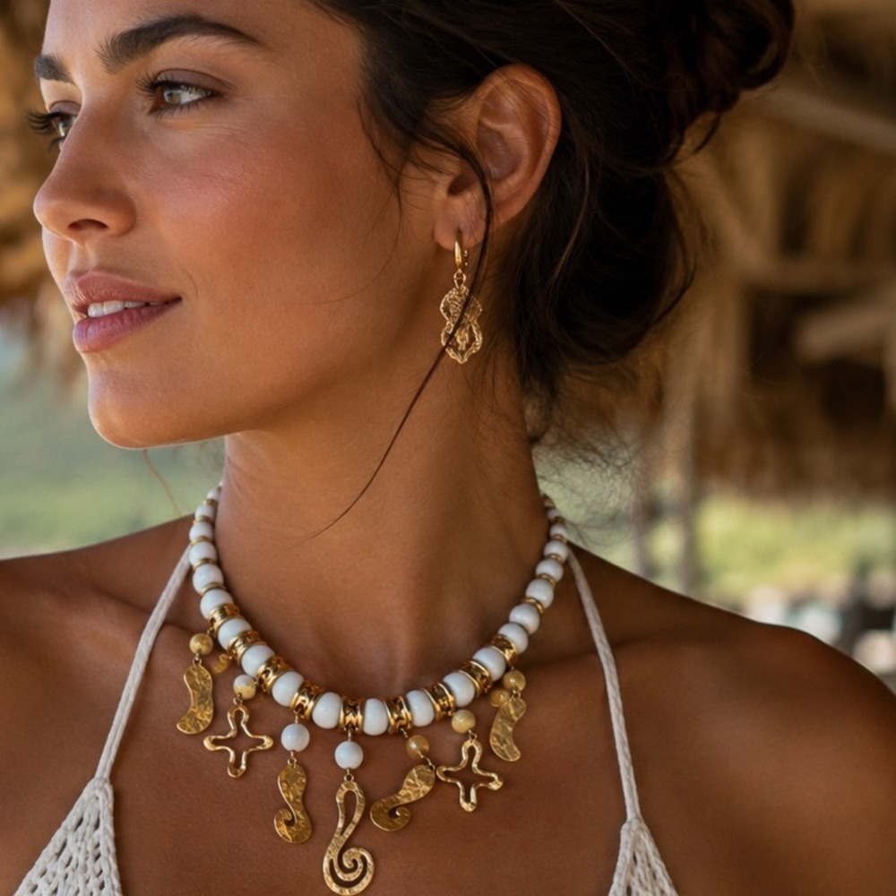 Bohemian White Bead Hammered Gold Tone Abstract Charm Statement Necklace 17in